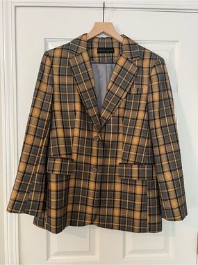 NWOT English Factory Plaid Wool-Blend Blazer in Mustard and Black S/M Oversized